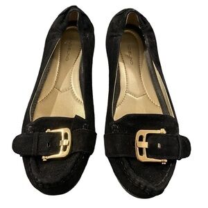 Bandolino Black Suede Flats with Gold Buckle Accent